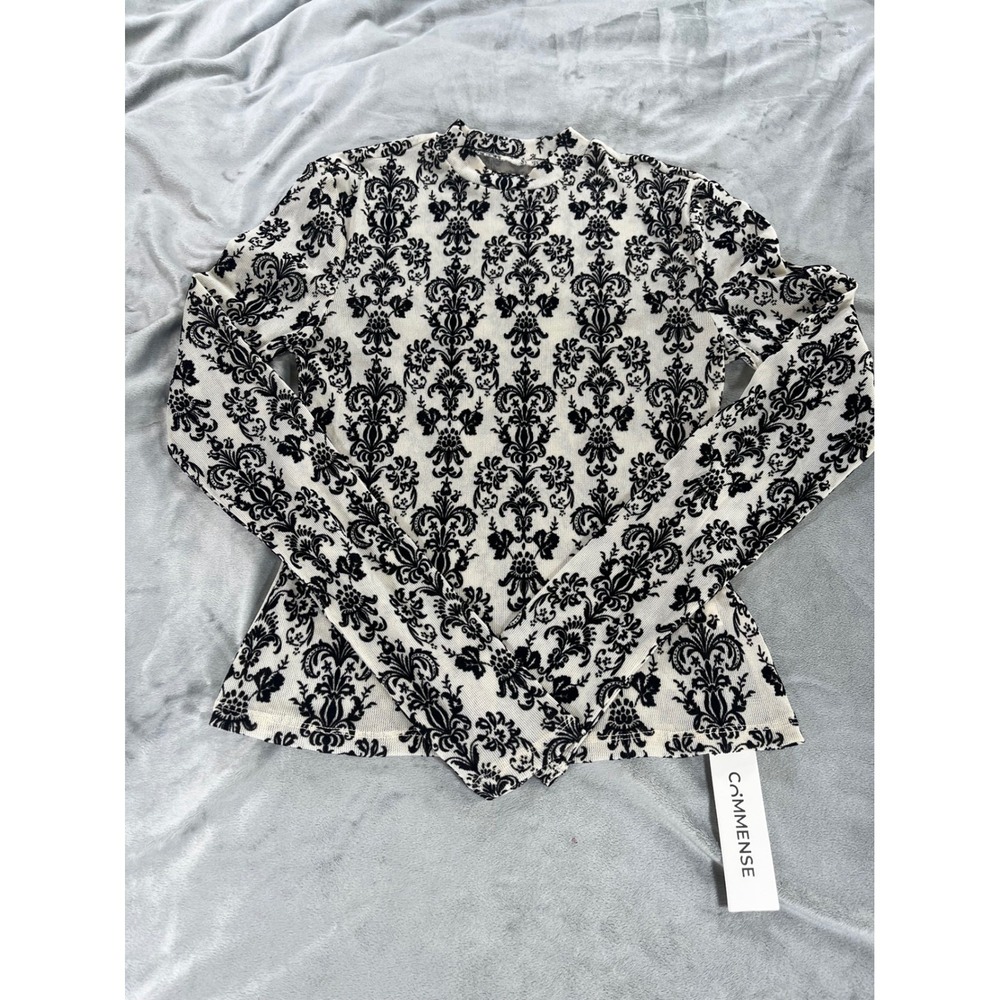 Commense Mock Neck Black Damask and White Long Sleeve Blouse Size Small NWT